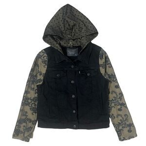 Levi’s Upcycled Black Jean Jacket Hooded Lace Filigree Sleeves Womens Medium